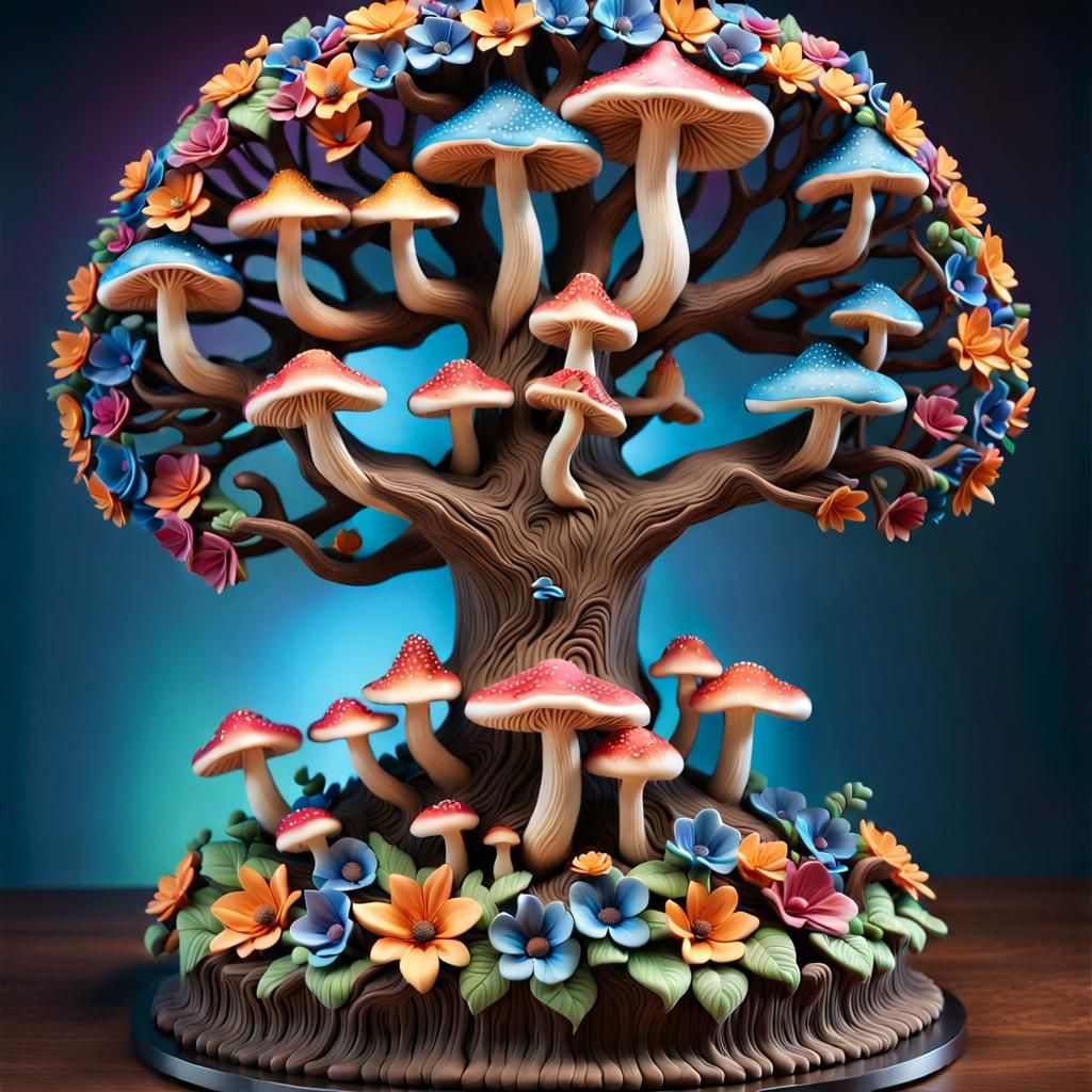 Tree of Life sculpture adorned with vibrant flowers and mushrooms crafted in the shape of a cake