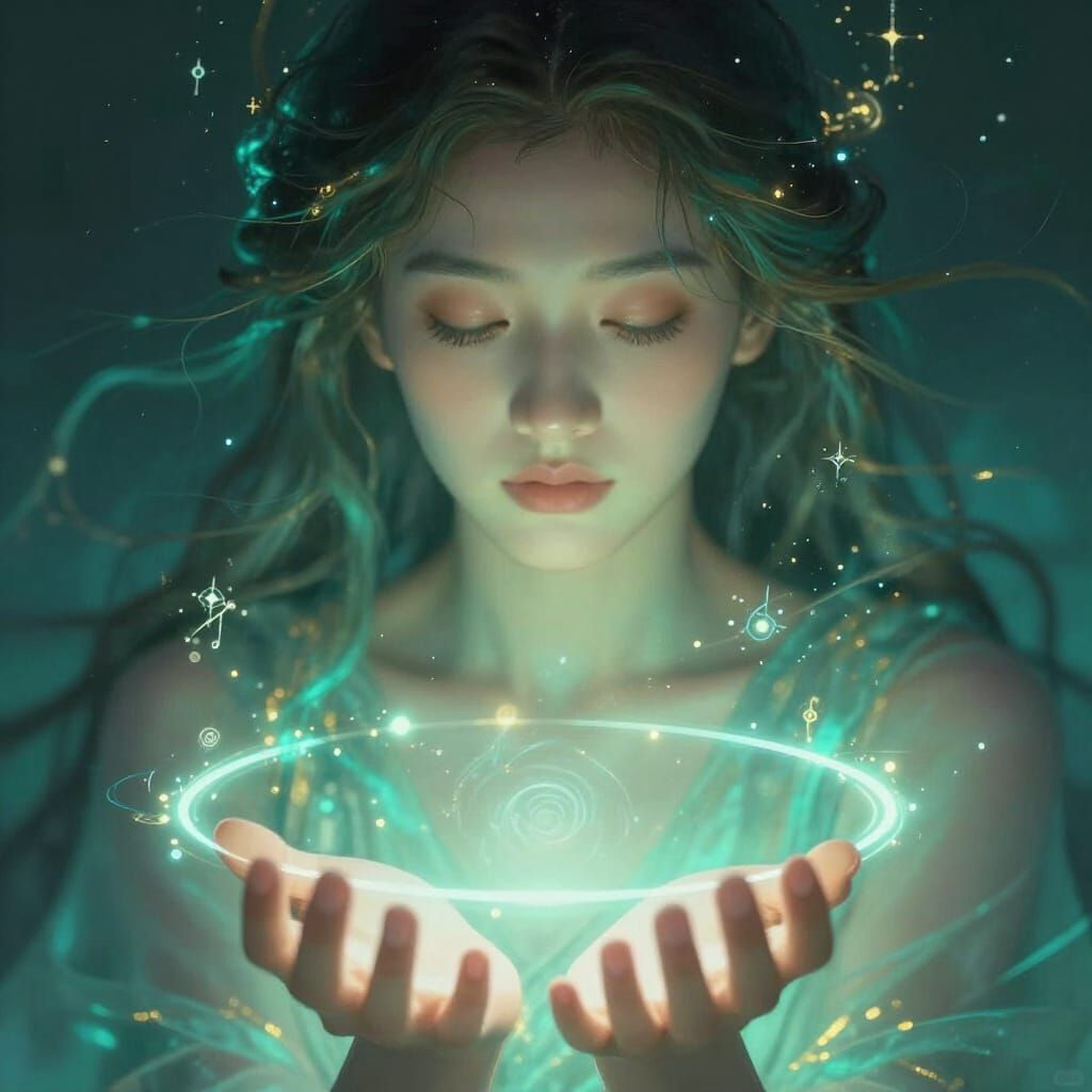 Serene Celestial Woman with Cosmic Symbols, Painterly Softne...