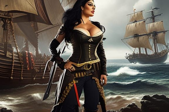 Pirate girl  on board of the pirate ship. Full body portrait