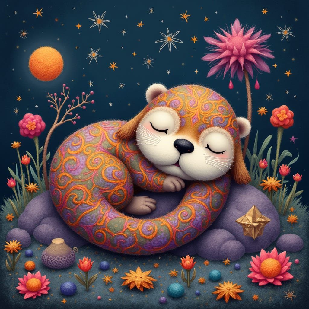 Dreamy Otter in Wool Landscape, Surreal Digital Art