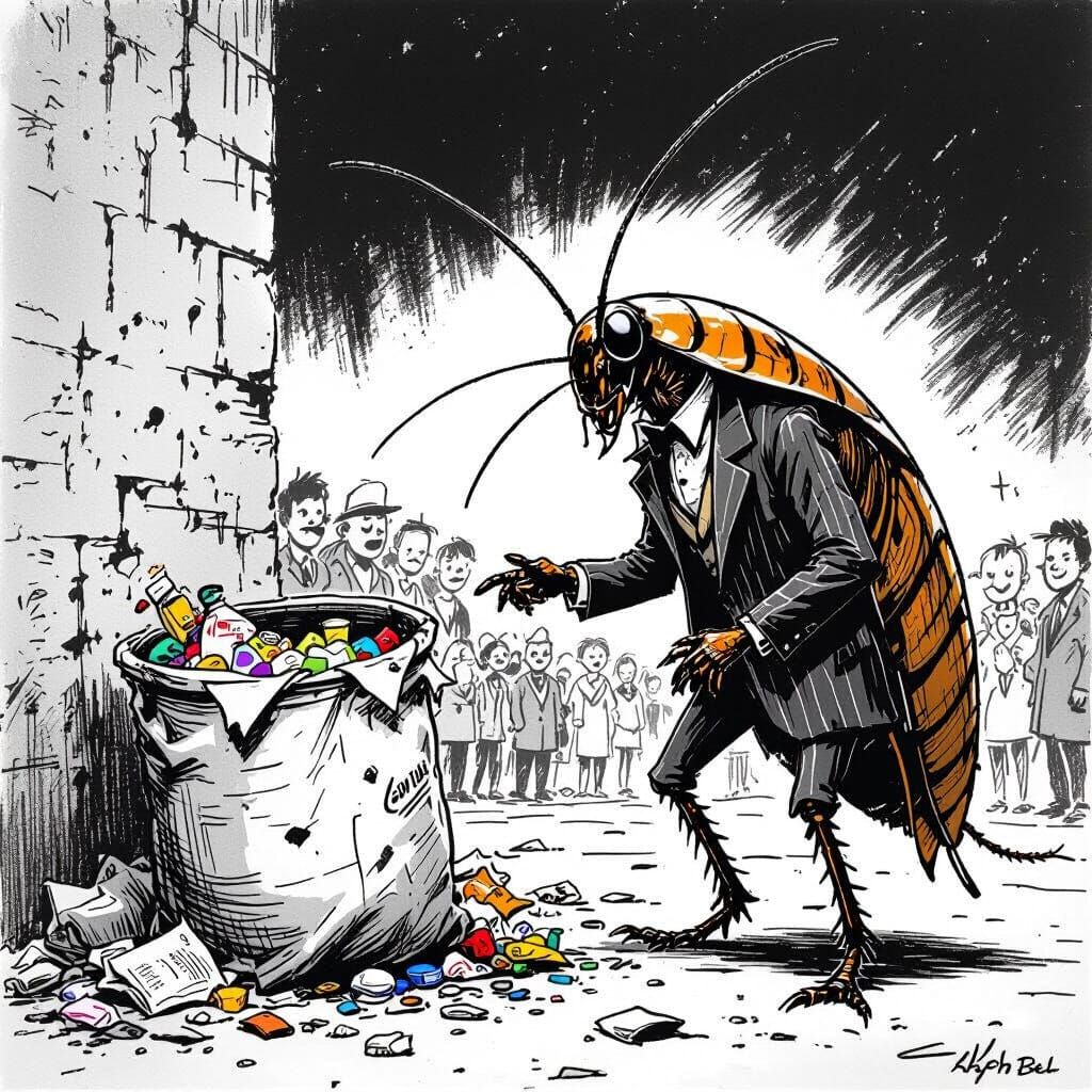 Political Cartoon of Cockroach Eating Amid Chaos