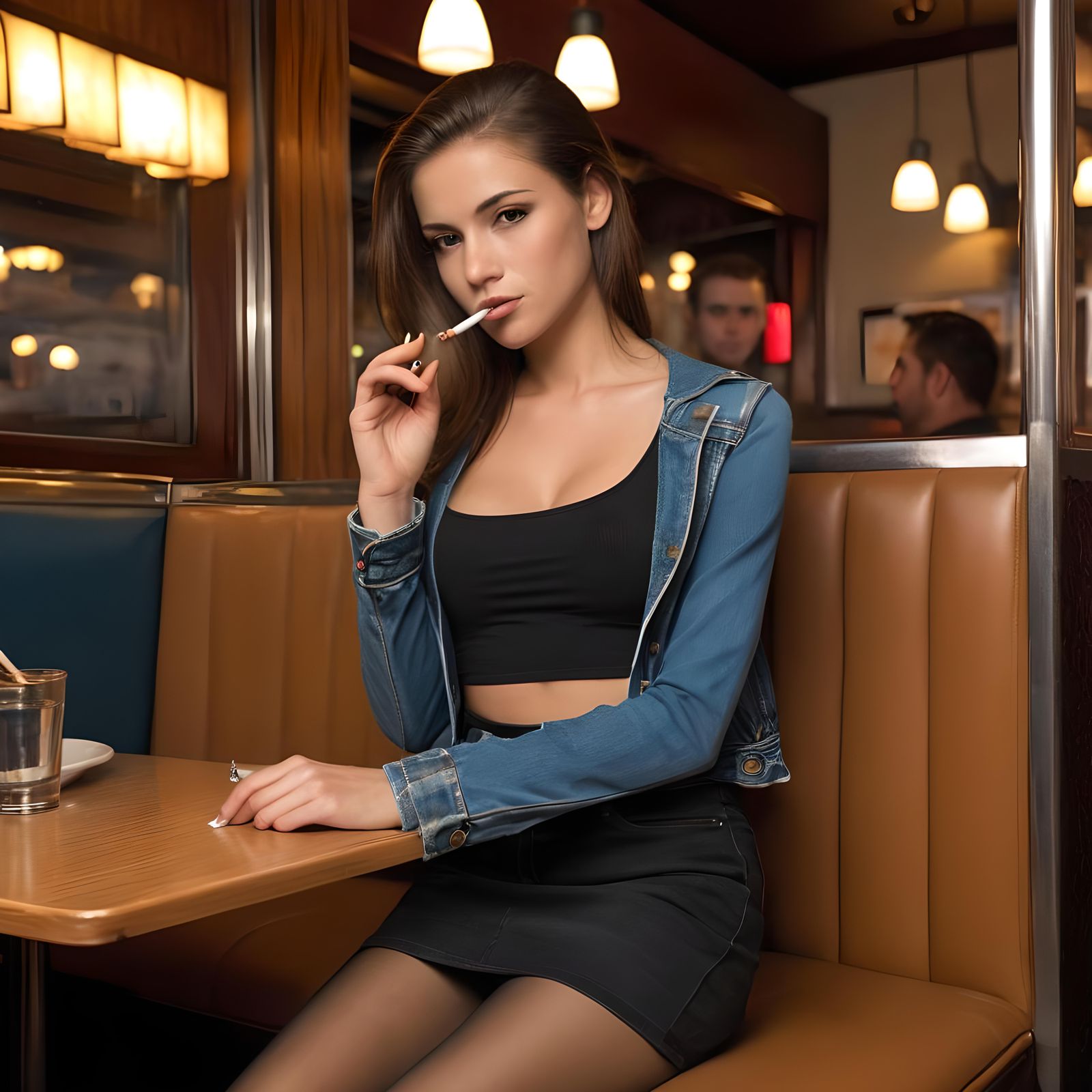 Brunette Woman Smoking in Restaurant Booth