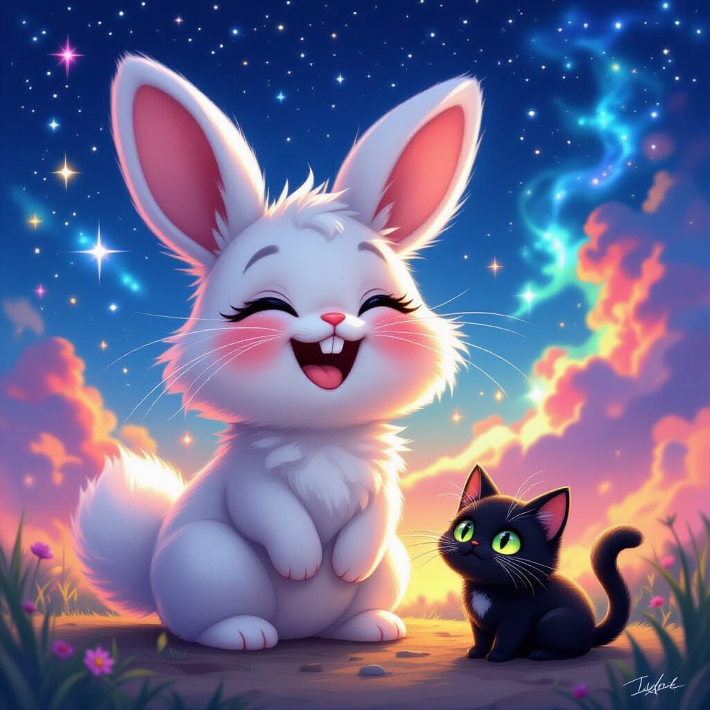 Whimsical Hybrid Creature Laughing Under Nebula