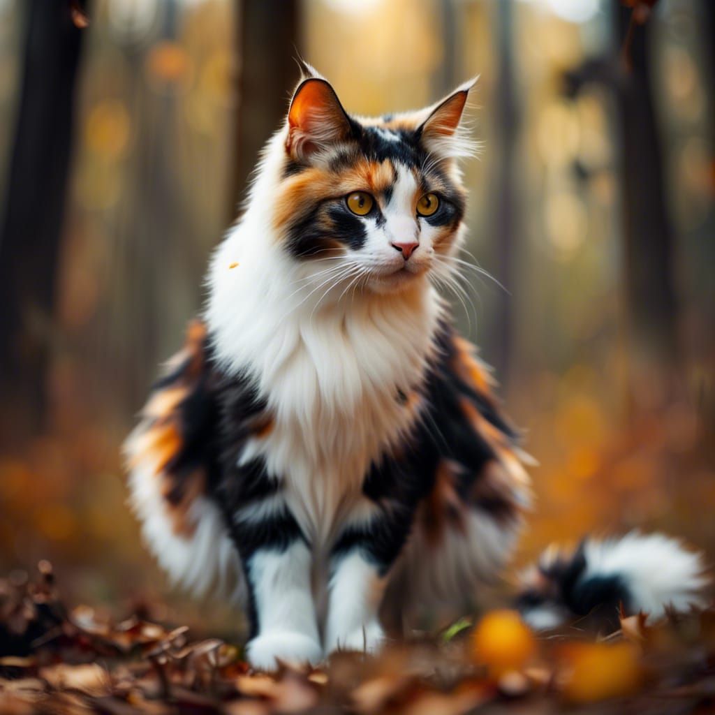 Tortoiseshell Cat with Bloodied Paws in Forest