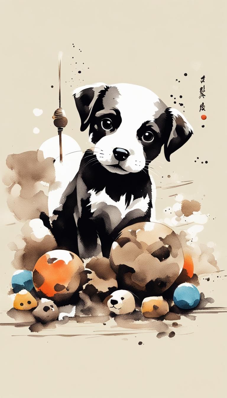 Minimalist Ink Painting of a Smirking Puppy