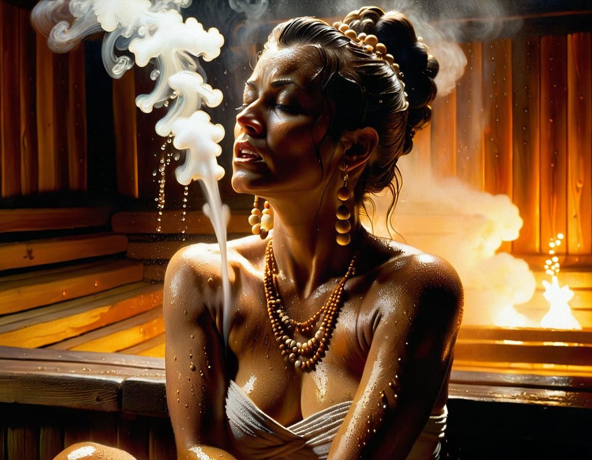 Sweaty Woman in Sauna: Frazetta-Style Oil Painting