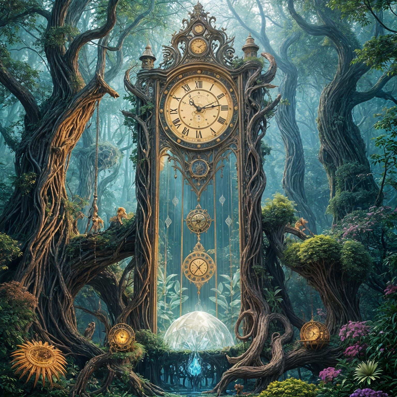 Magical Forest Grandfather Clock of Crystal and Roots