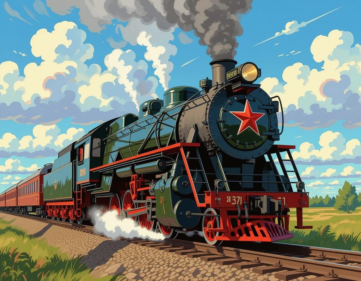Retro Soviet Steam Locomotive Speeds Through Blue Sky