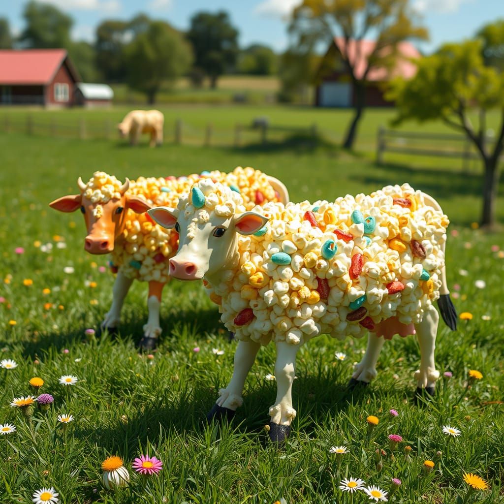 Whimsical Popcorn Cows Grazing in a Sunny Farm Pasture