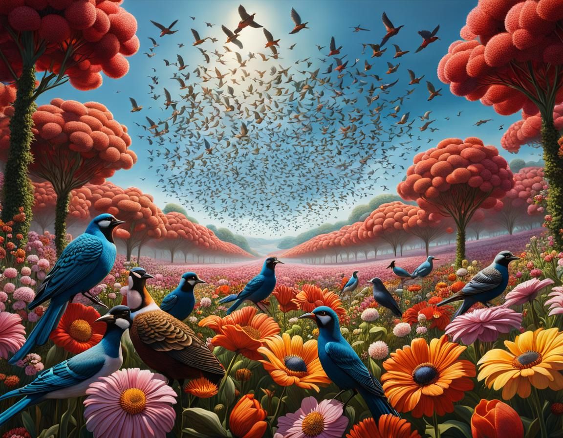 Birds Over Flower Landscape in Hyperrealistic Style