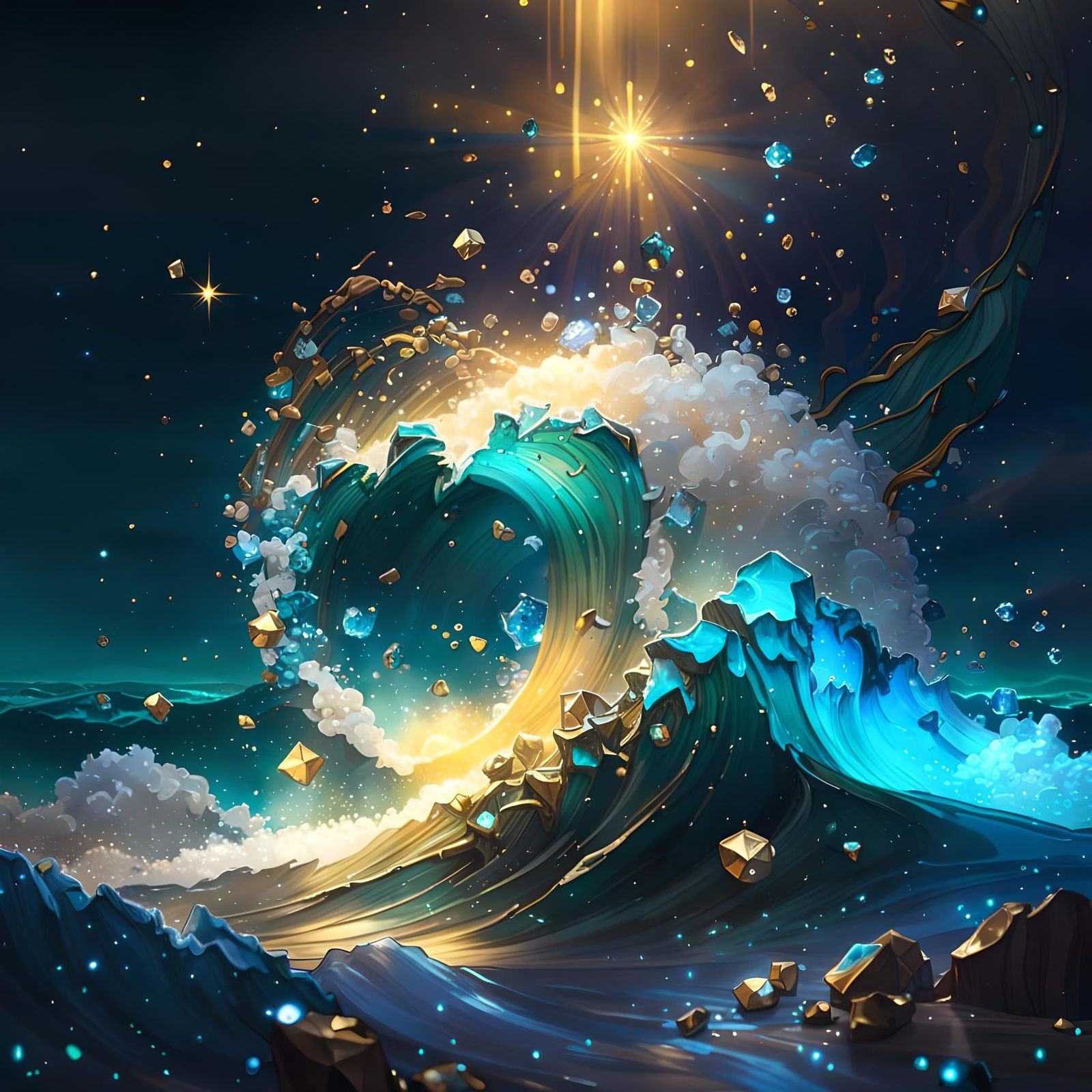 Celestial Ocean Waves on Crystal Shore