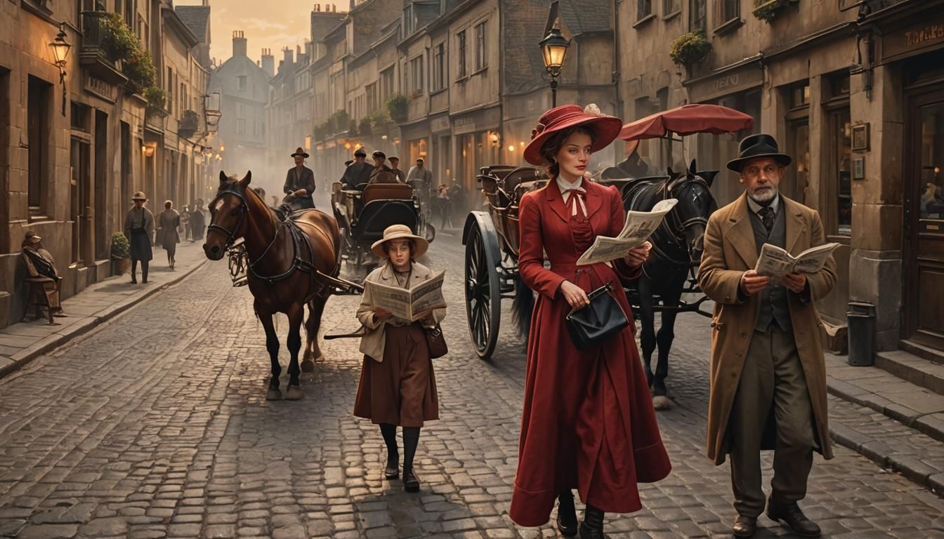 A bustling Victorian-era London street at twilight