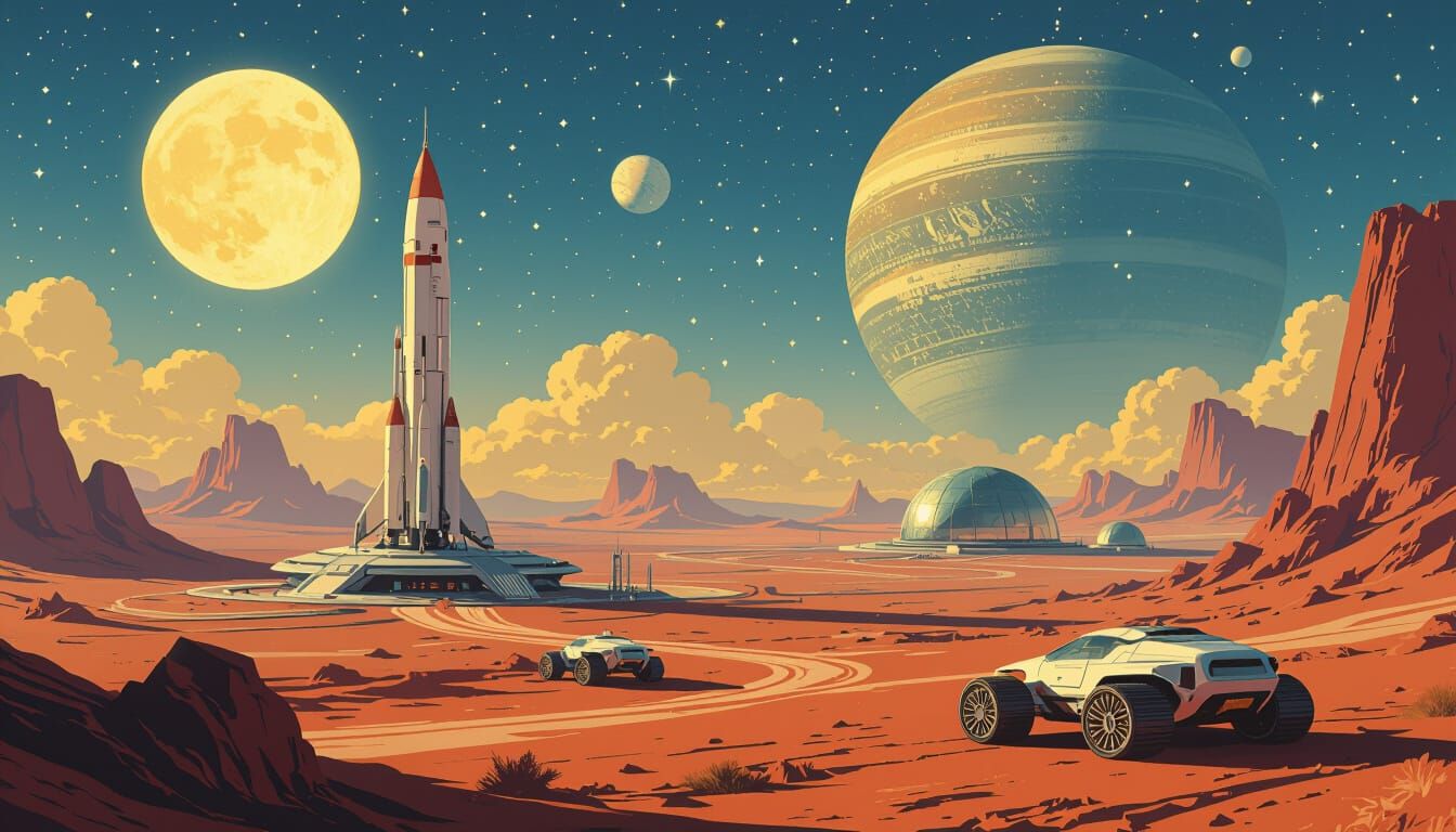 1930s Art Deco Sci-Fi Planet Landscape with Rockets and Rove...