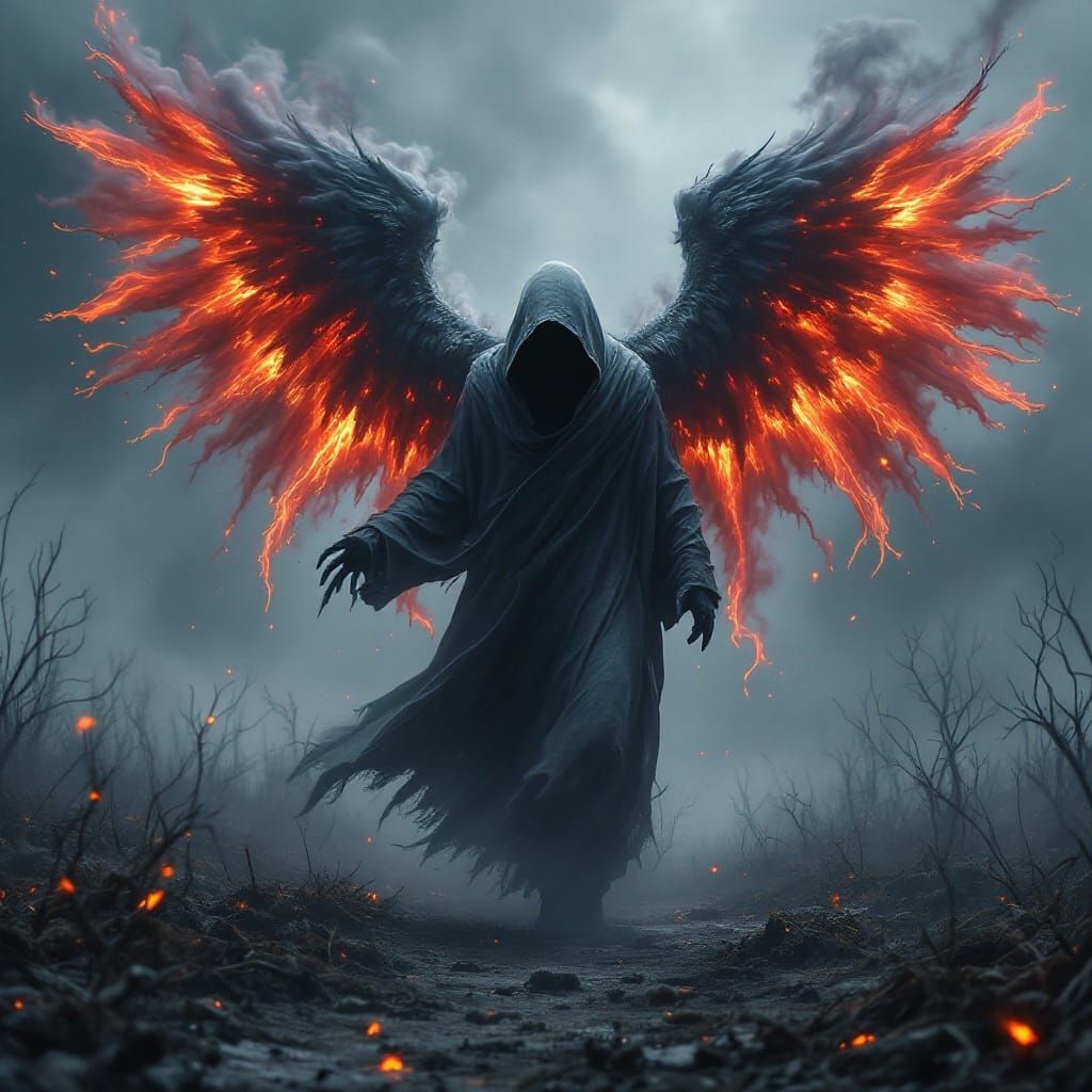 Eerie Hooded Angel in Rotting Field