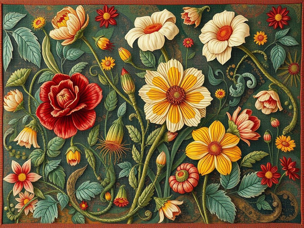 Woven Tapestry Surrealism floral art nouveau Alphonse Mucha mixed media