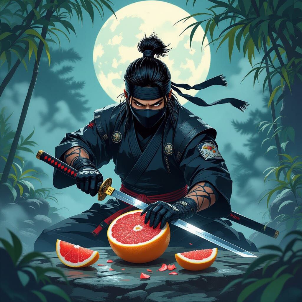 Tiger Ninja Cuts Grapefruit in Asian Garden