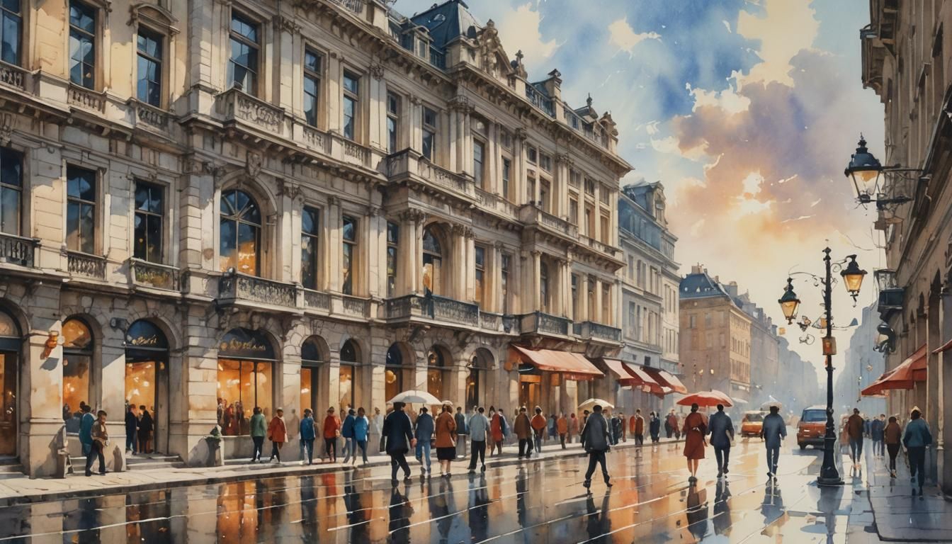 Watercolor Street Scene with Classical Architecture