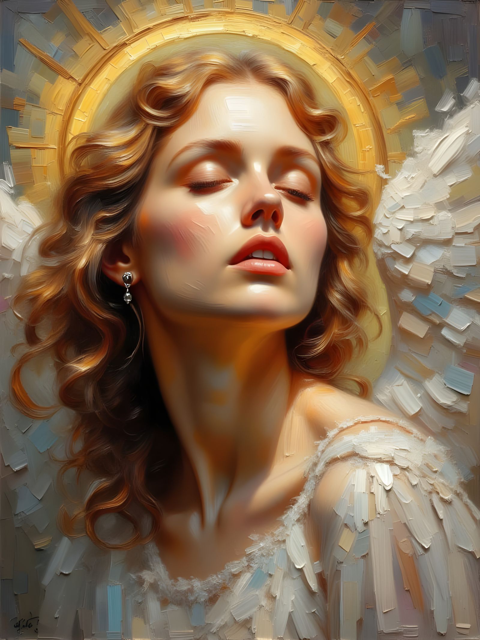 Close Up Angelic Face with Halo and Feathers in Soft Impress...