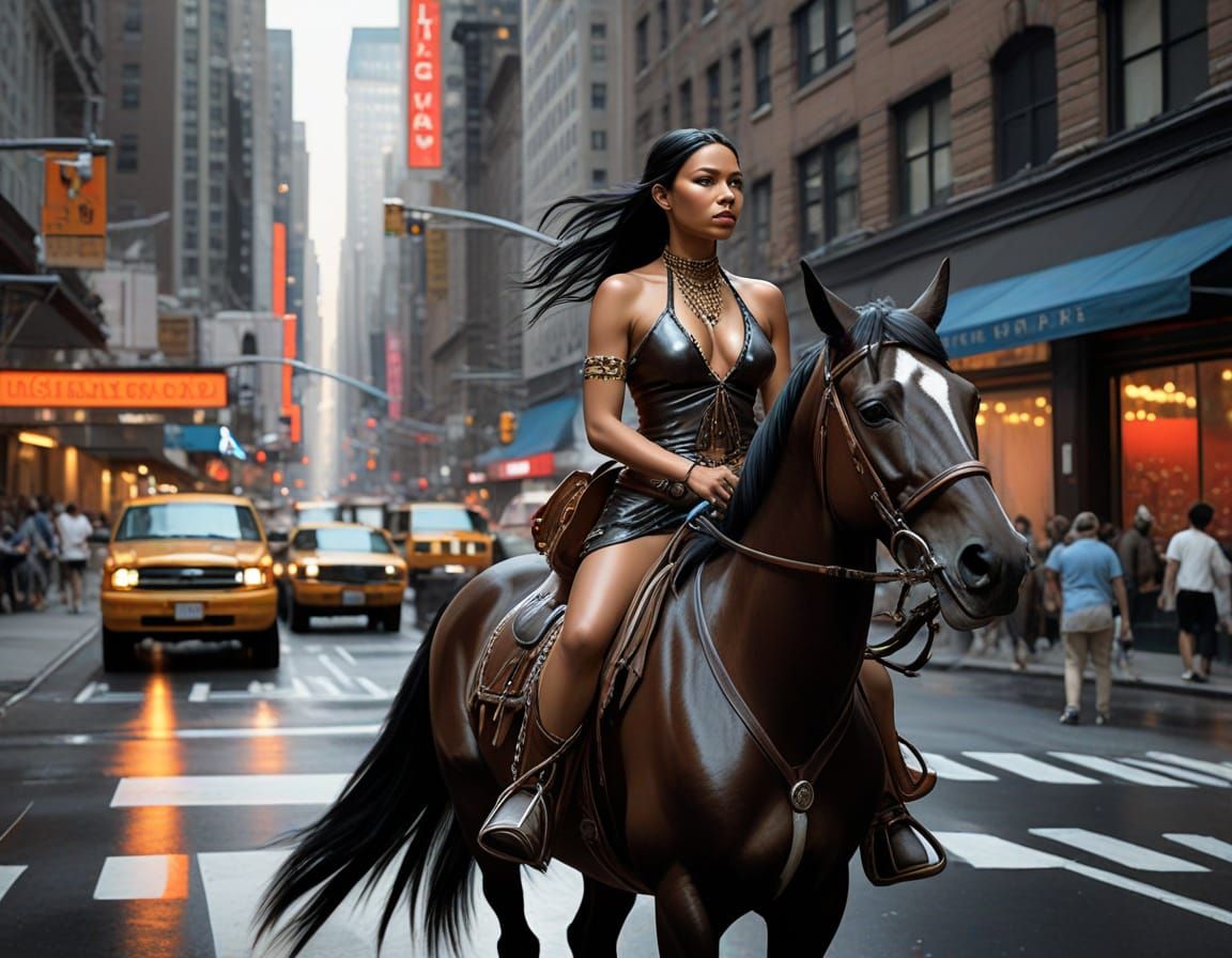Native Woman Rides Horse in New York, Digital Art