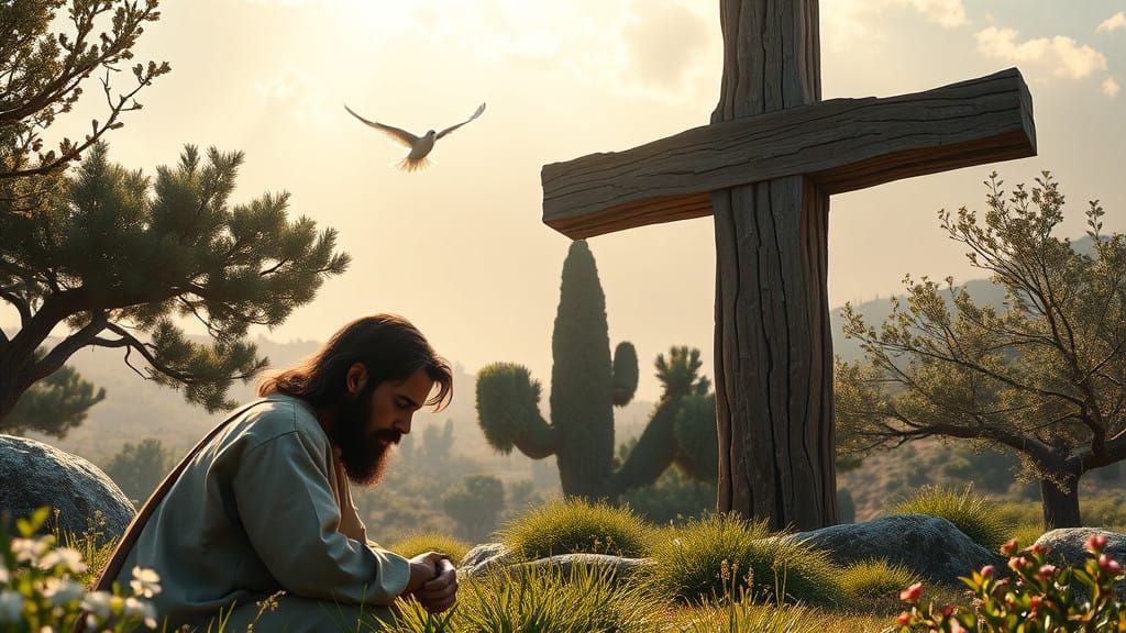 Youthful Sorrow in Ancient Gethsemane Garden as Roman Cross....