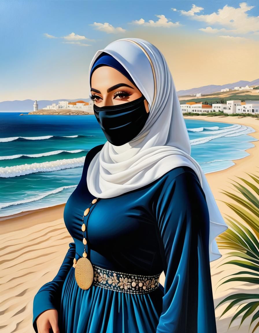 Middle Eastern Woman in Hijab: Oil Painting on Beach