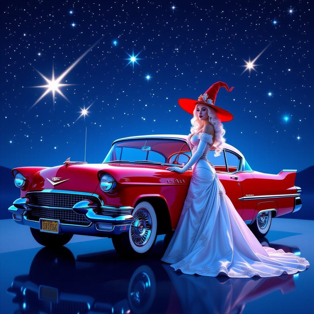 Albino Femme Fatale with Cadillac Under Starry Sky