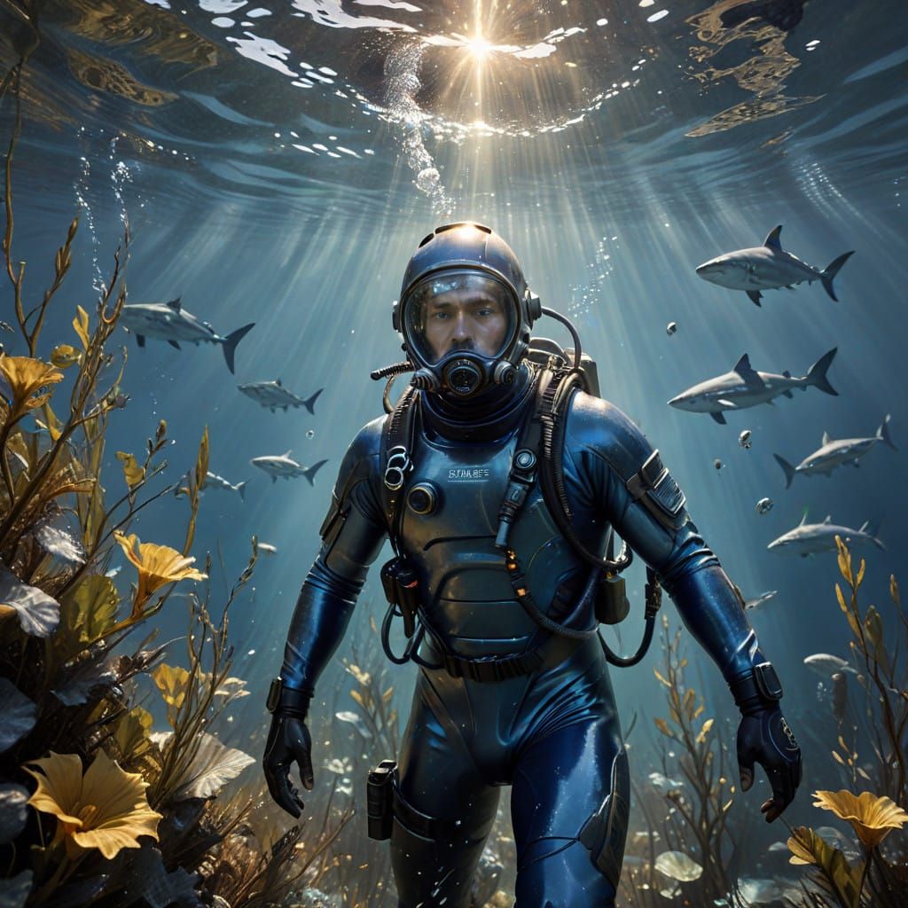 Diver Evades Sharks in Underwater Watercolor Masterpiece