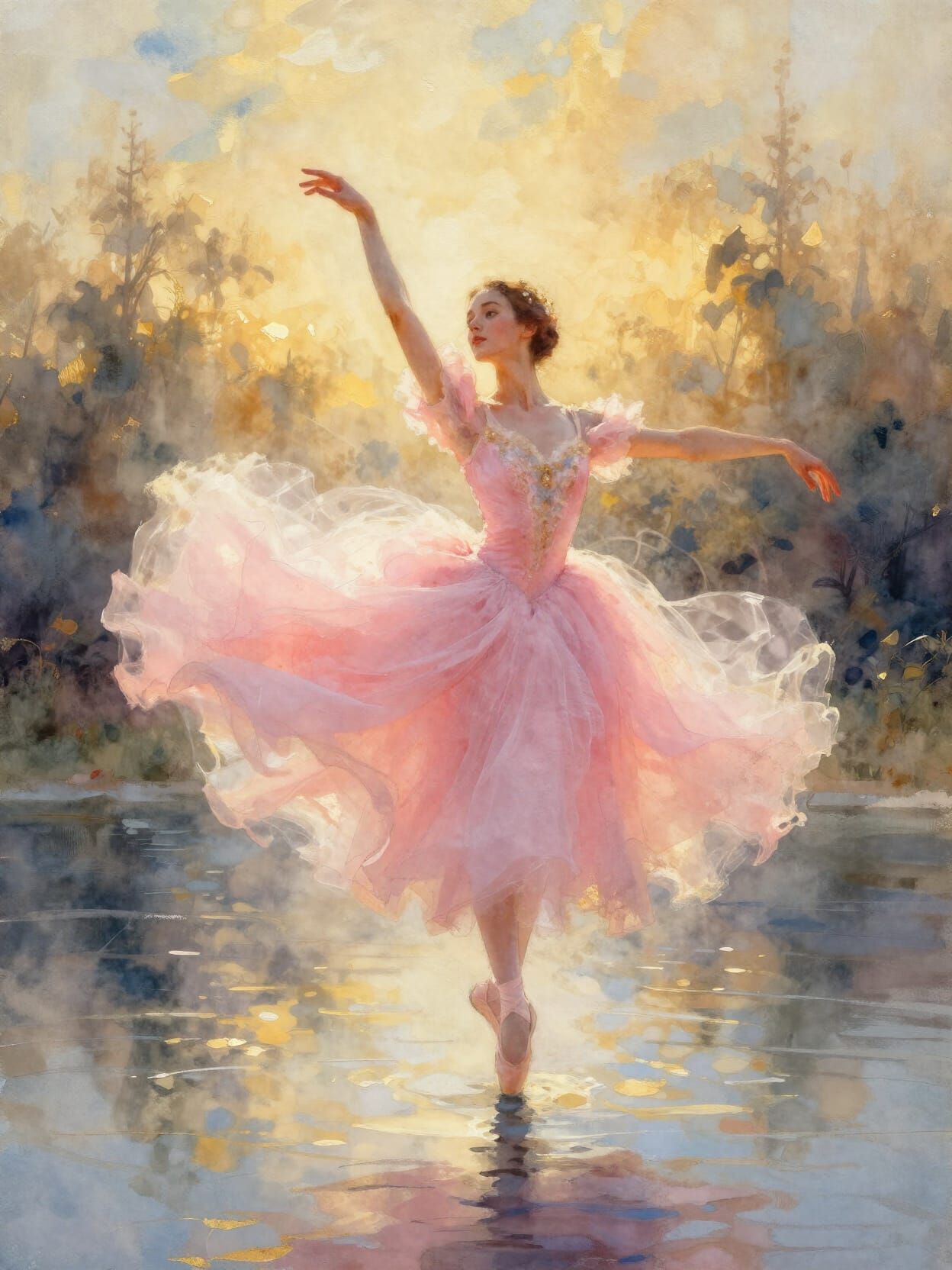 Ballet Dancer in Pink Dress Hovering Over Water as Oil Paint...