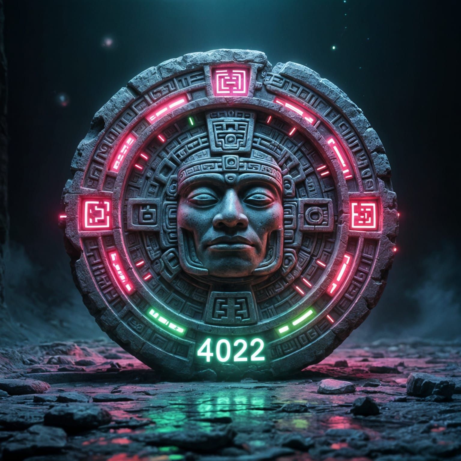 Futuristic Mayan Calendar with Neon Circuitry