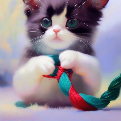 Kitten in Streetwear Playing with Yarn, Oil Painting Style