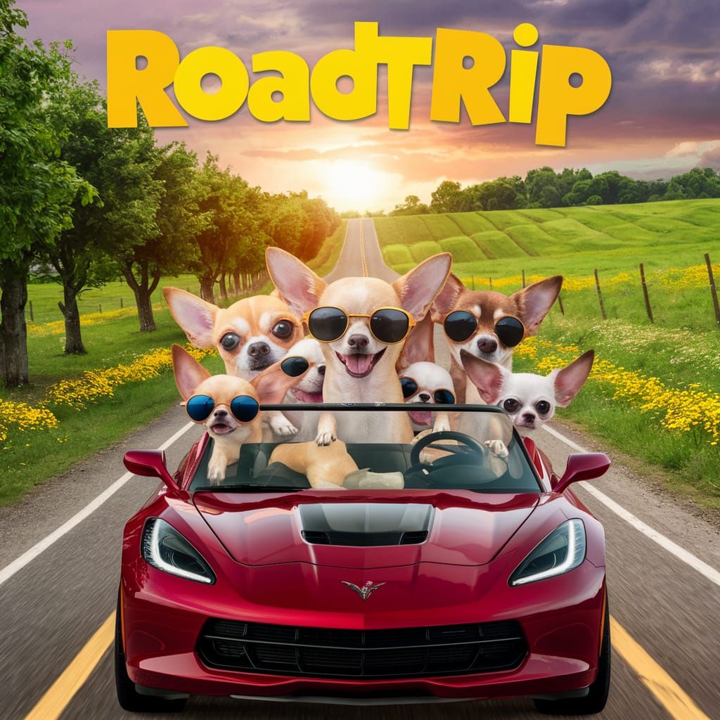 Chihuahuas on a Roadtrip: Whimsical Movie Poster Art
