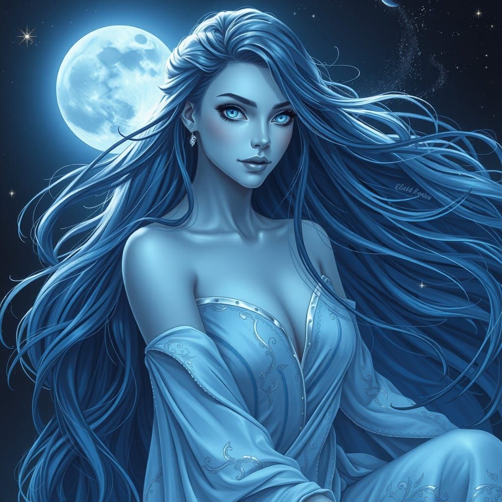 Ethereal Silver Blue Moon Goddess They have long dark blue h...