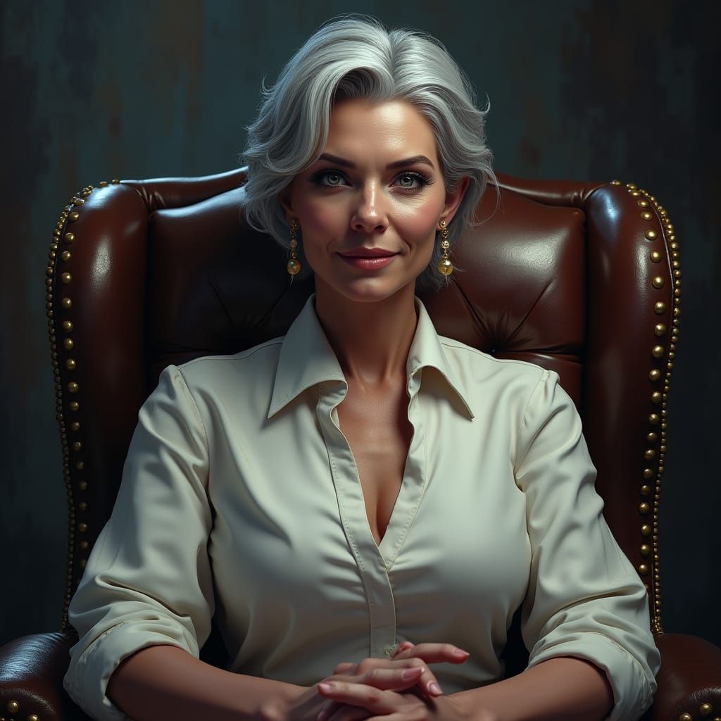 Confident Woman in Leather Office Chair with Golden Accents