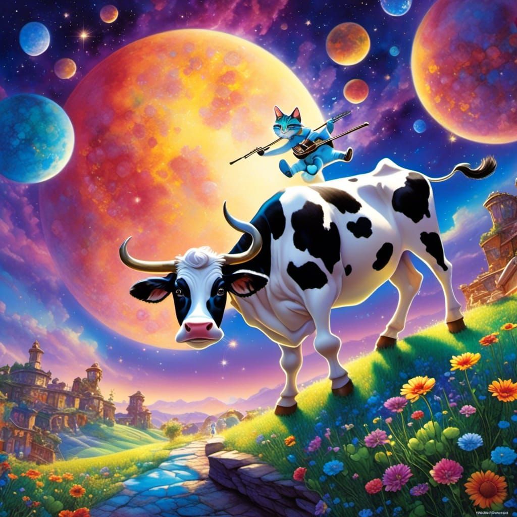 Cow Jumps Over Moon in Whimsical 3D Scene