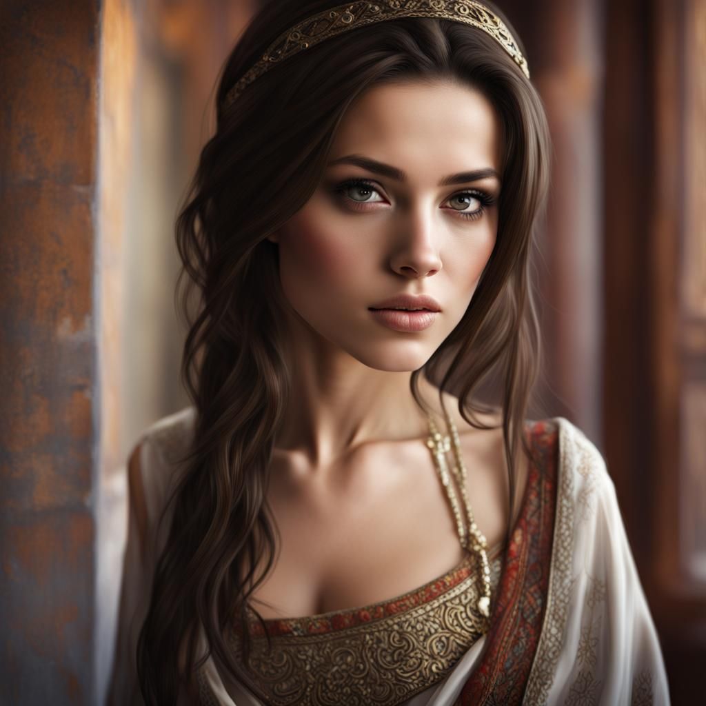 photo-realistic, photography, beautiful brunette, harem girl