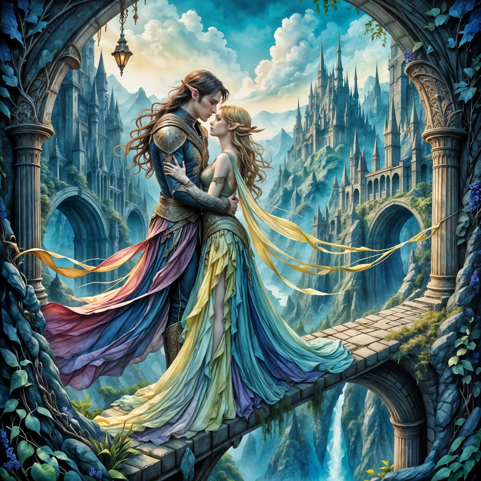 Ethereal Elf Lovers Embrace Over Luminescent Fjord City