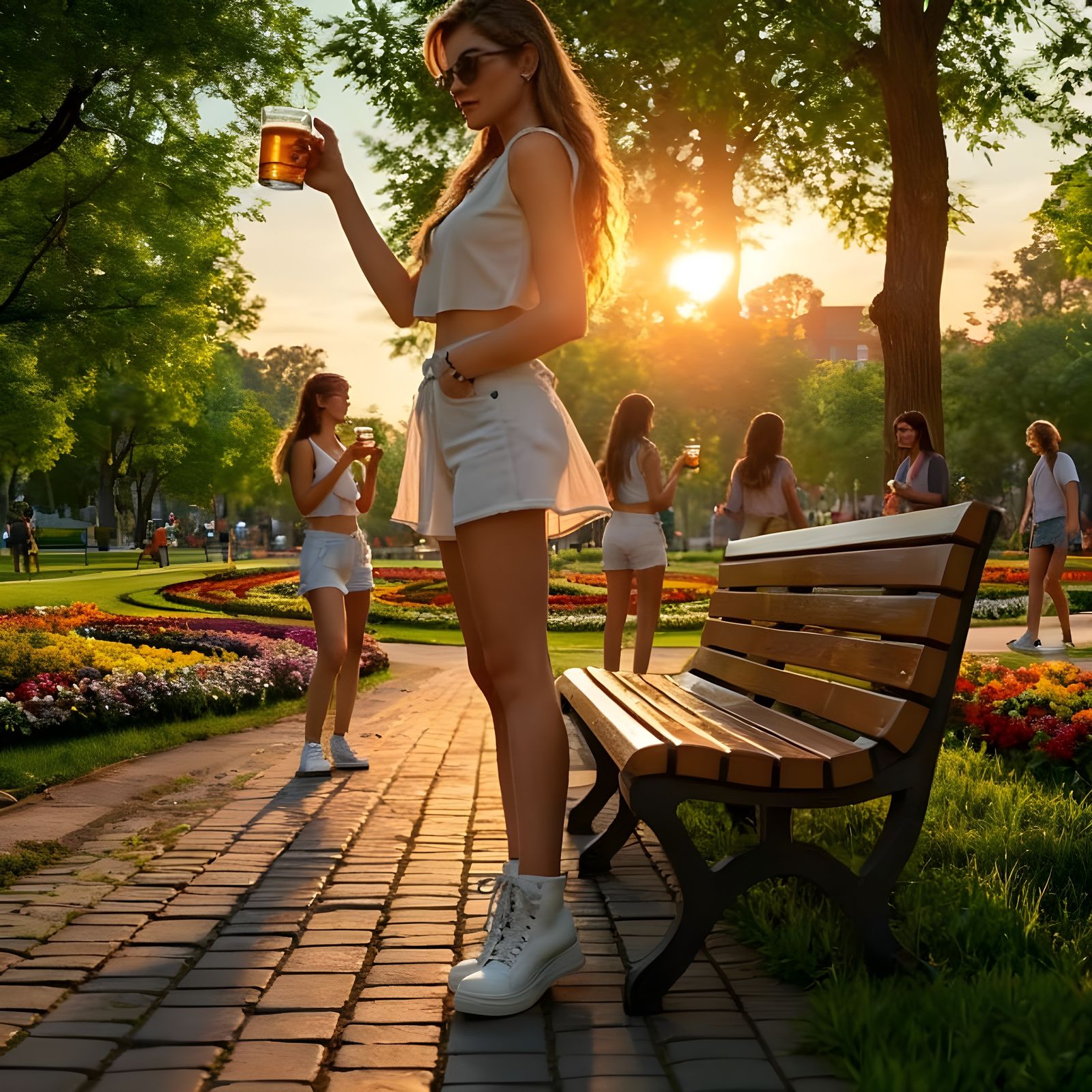 Realistic Women Enjoying Beer in a Park, Cinematic Lighting