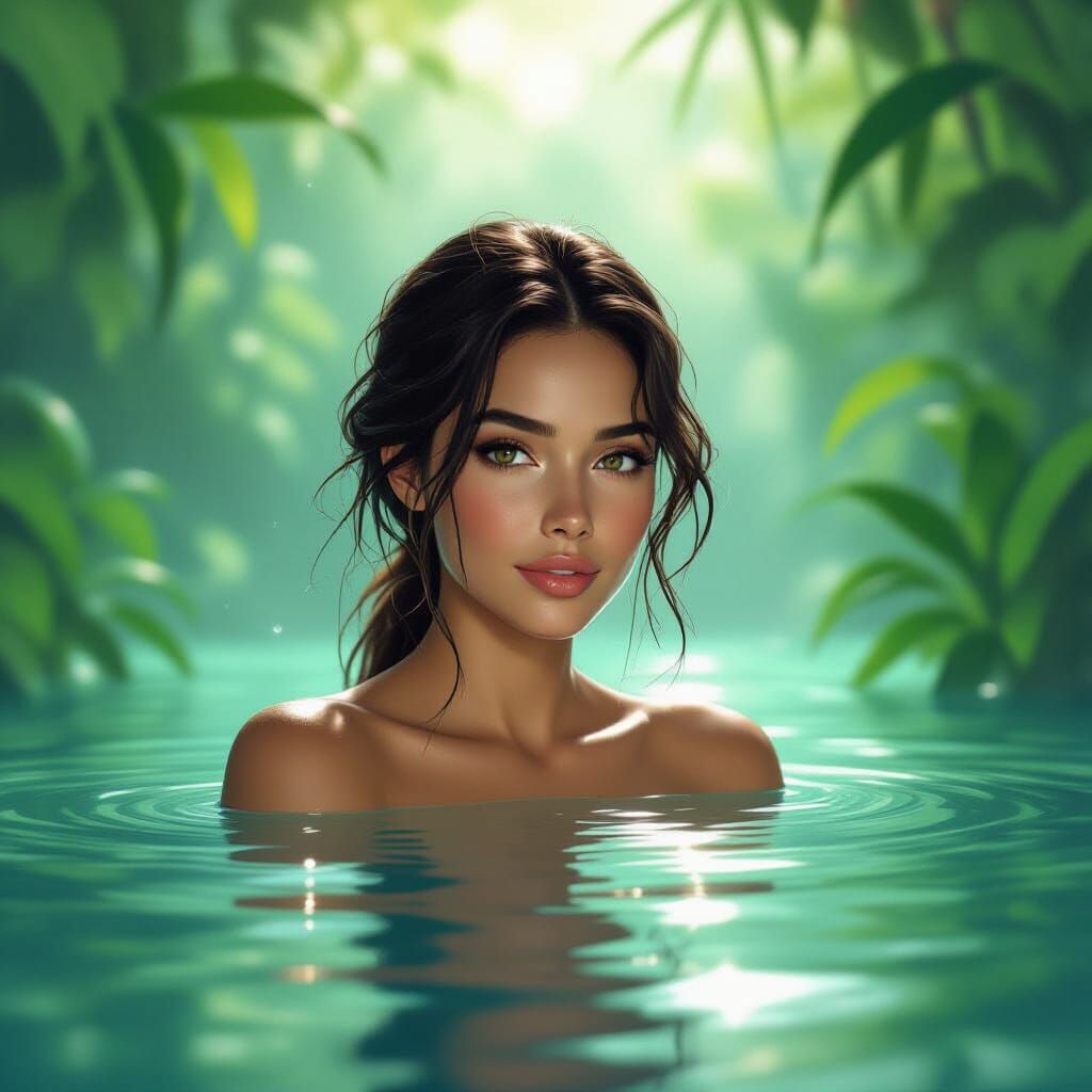 Ethereal Woman in Water Surrounded by Greenery