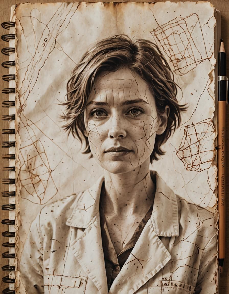 Tired Woman in Lab Coat: Sepia Pencil Sketch