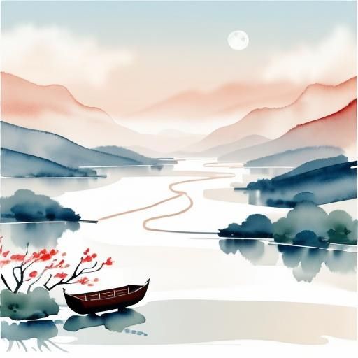 Lunar New Year River Scene in Watercolor Style