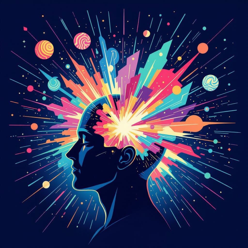 Head Explodes With Cosmic Ideas in Surreal Style