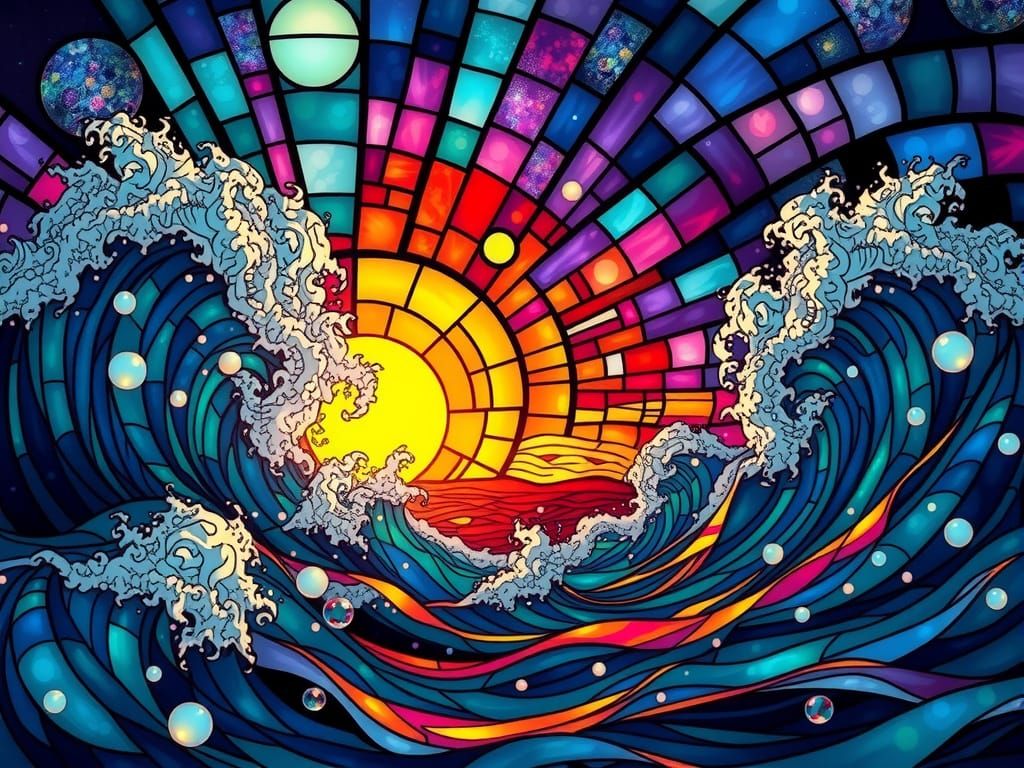 Stained Glass Ocean Waves and Sunset Fantasy Art