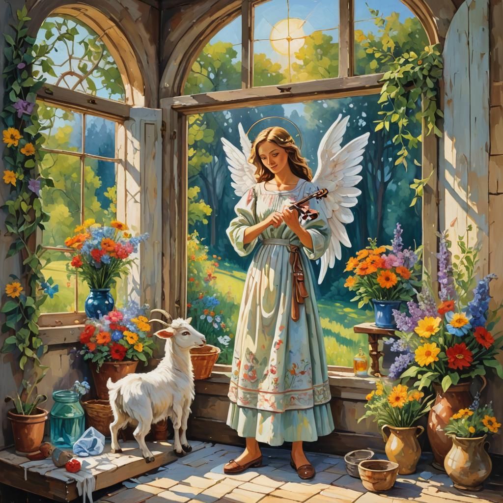 Angel with Goat-Bouquet: Impasto Gouache Painting