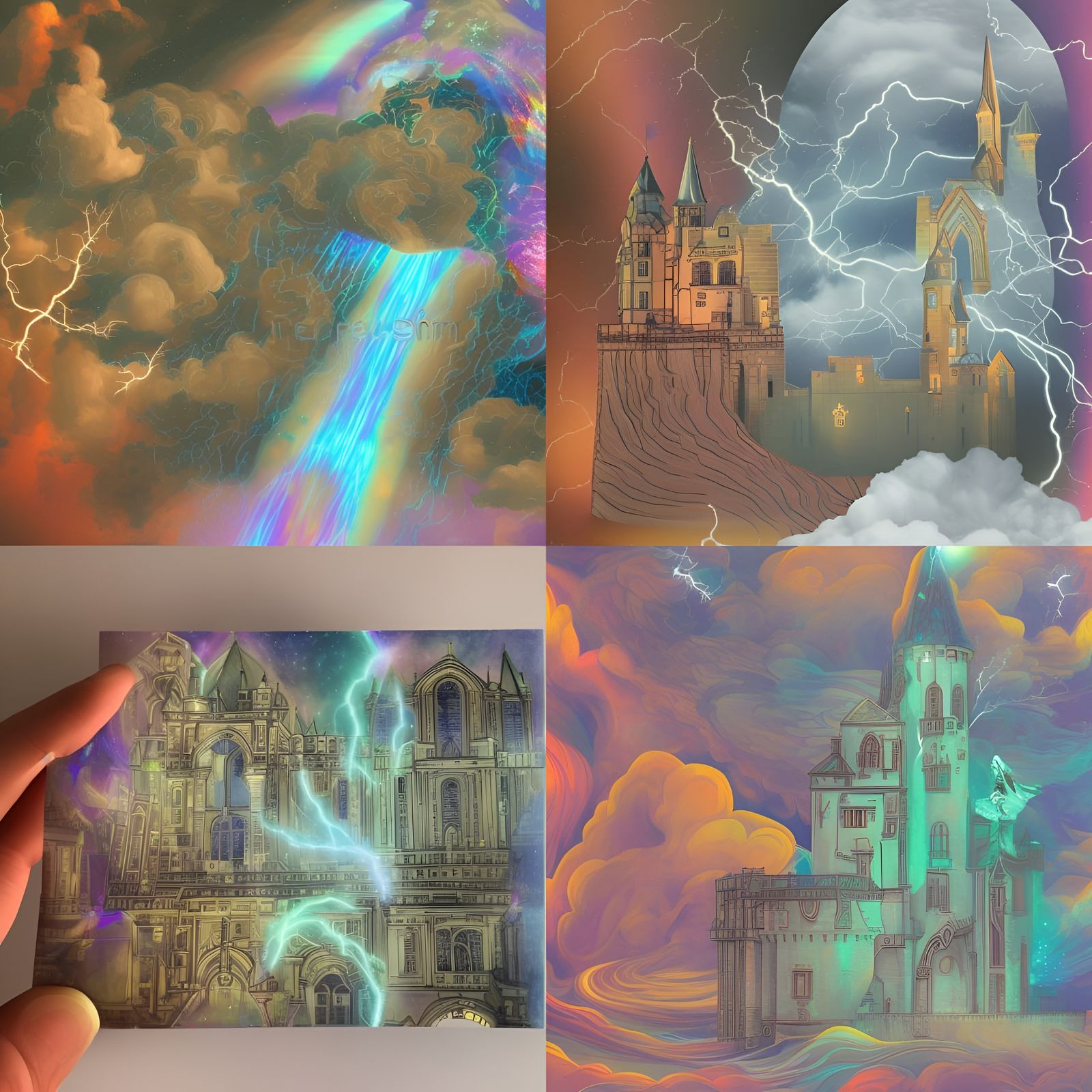 Astral Castle in Storm with Lightning, Holographic Illustrat...