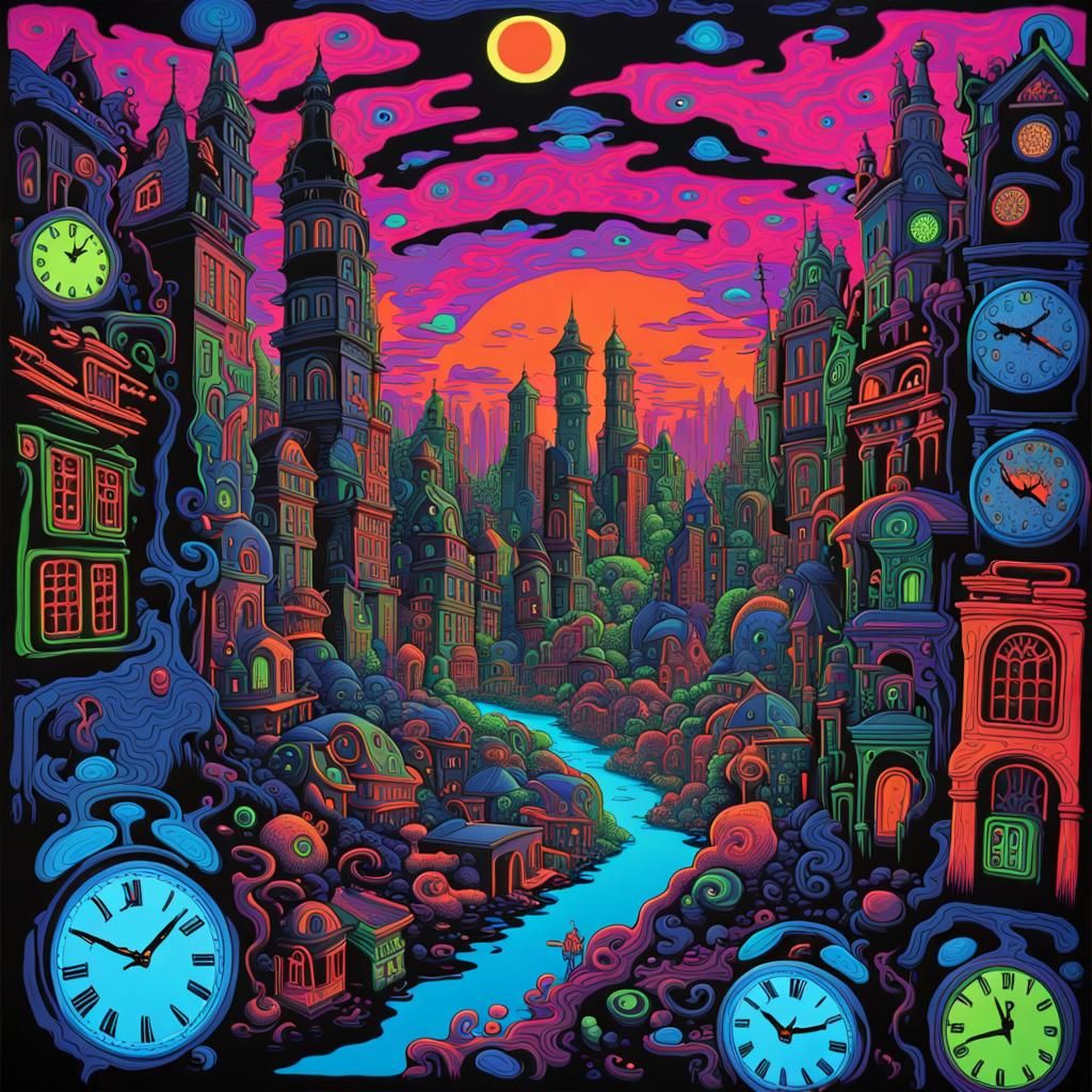 Psychedelic Blacklight Poster of a Surreal City