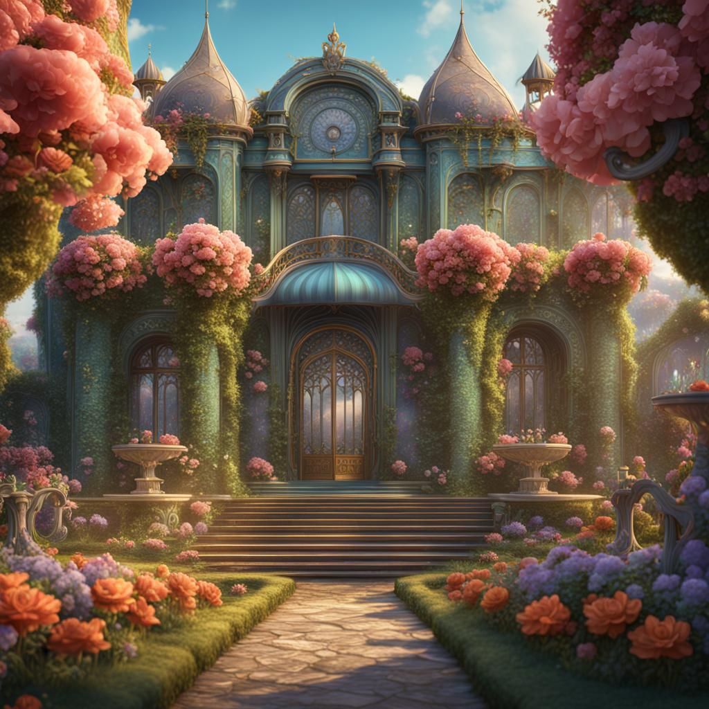 Art Nouveau Fantasy Palace Flower Garden in 8K