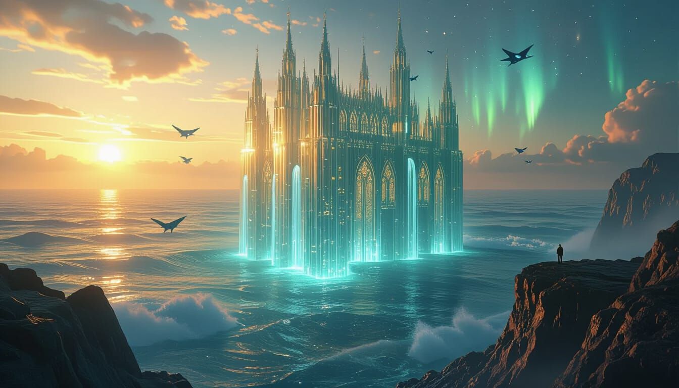 Floating Glass Cathedral Over Bioluminescent Ocean