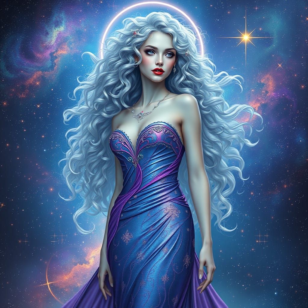 Ethereal Goddess Illuminates Vibrant Starry Galaxy
