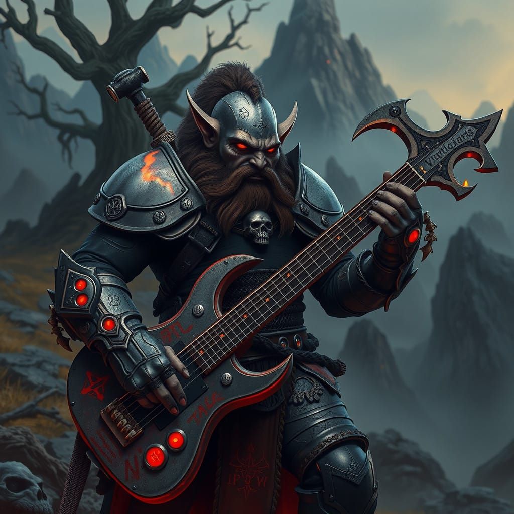 Fantasy Dwarf Warrior in Intricate Metal Armor Plays Battle-...