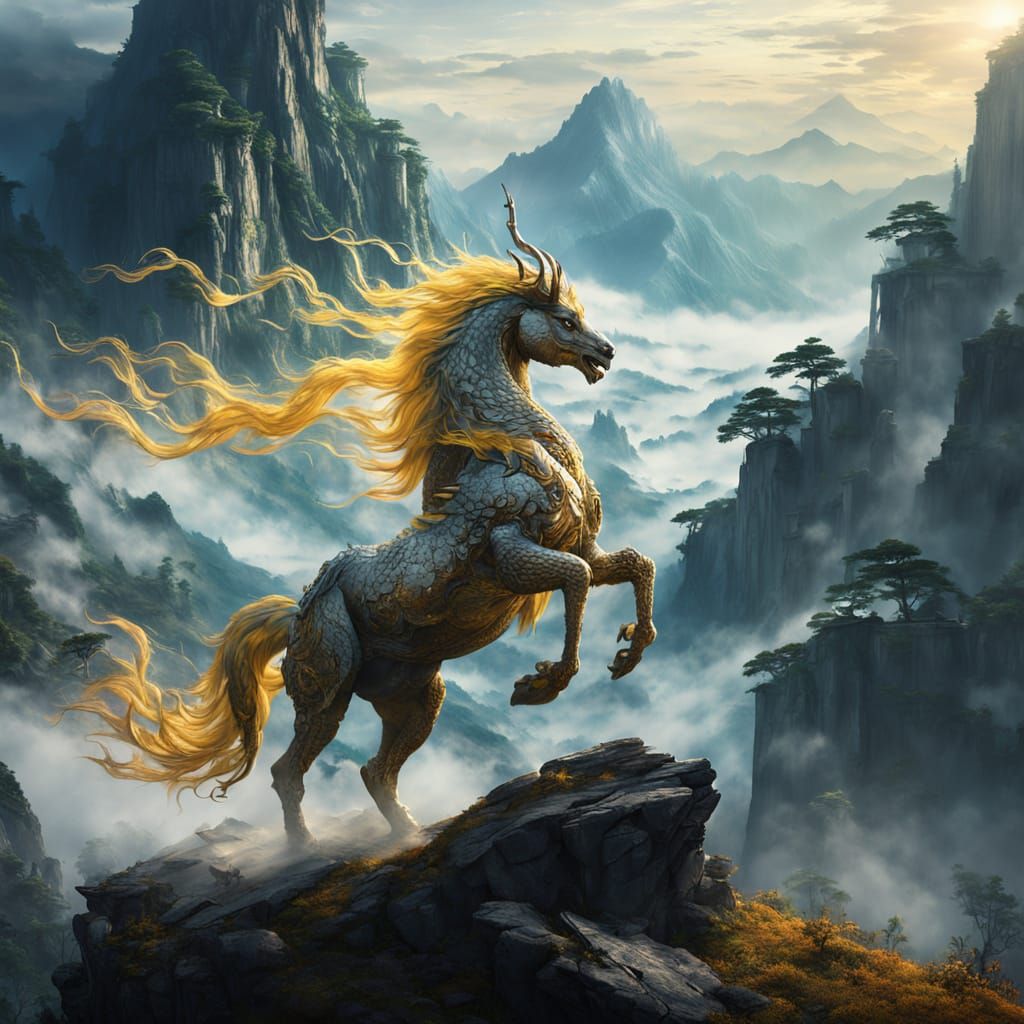 Kirin Descent into Misty Valley: Cinematic Digital Painting